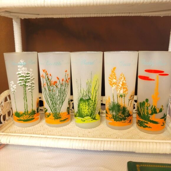 Vintage Blakely Oil Arizona Cactus Glasses – Set of 5 Frosted Highball Tumblers - Picture 1 of 10